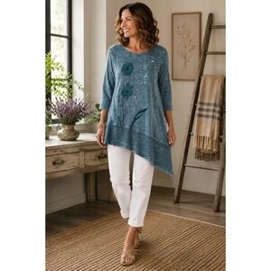 Jess & Jane Artsy Tunic Womens S Blue Mineral Wash Floral Cotton Top